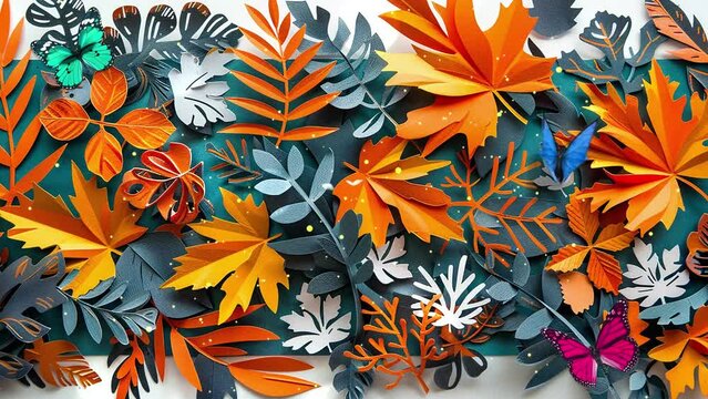 autumn background paper art cut out leaves. seamless looping overlay 4k virtual video animation background