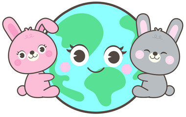 World Earth Day Cute Hand Drawn 2 rabbits protecting the world