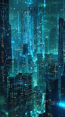 High-tech urban skyline infused with blockchain for secure