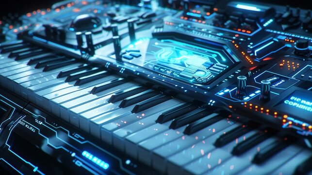Keyboard, Music instrument conception, futuristic background