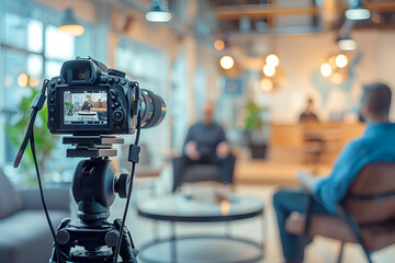 Photo of a video camera on a tripod capturing an interview with two men in casual attire sitting across from each other, set against the backdrop of a modern office space, Generative AI