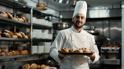 A professional male chef in uniform holding a baking tray with warm and fresh bread, standing in a modern kitchen - obrazy, fototapety, plakaty