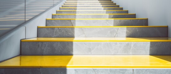 Yellow painted steps are shown up close, creating a vibrant and inviting staircase for ascent or...