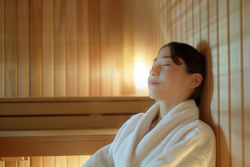 バスローブを着てホテルのスパのサウナ・スチームルームで目を閉じてリラックスする日本人女性(美人モデル)