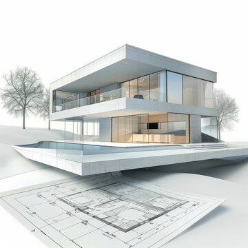 3D Render of a spacious private house with floor-to-ceiling windows, positioned on an architectural plan, highlighting its integration with the surrounding landscape, Generative AI