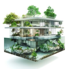 Obraz premium 3D Render of a waterfront residence placed on an architectural plan, capturing its panoramic views and seamless connection to the surrounding environment, on isolated white background, Generative AI