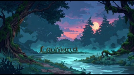 Atmospheric Louisiana swamp illustration at dusk with ethereal lighting, suitable for storytelling and mysterious adventure concepts