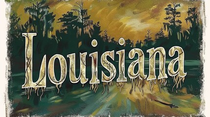 Evocative watercolor painting of a Louisiana swamp scene with vintage style lettering, ideal for historical and travel related designs - obrazy, fototapety, plakaty