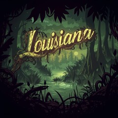 Mystical bayou scene with 'Louisiana' text, invoking the haunting charm of southern swamps at night