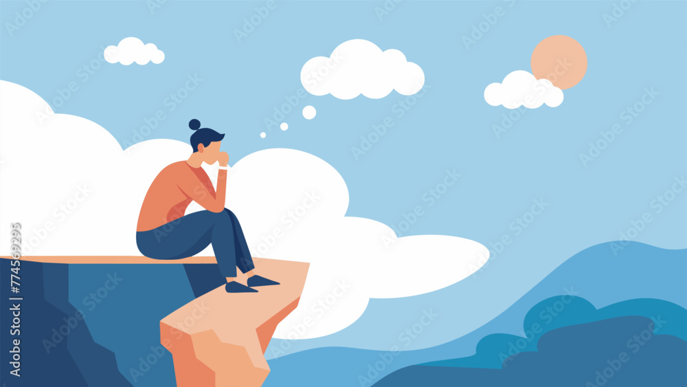 Poster a person sitting on the edge of a cliff overlooking a scenic view with a thought bubble above their 