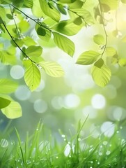 Beautiful natural background with lush greenery bathed in sunlight, featuring beautiful bokeh, symbolizing both summer and spring with a soft focus. Made with generative AI technology.