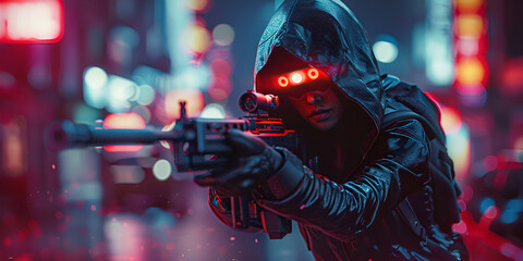 Futuristic woman in hooded leather jacket wears night vision helmet holds assault rifle. generative ai - obrazy, fototapety, plakaty