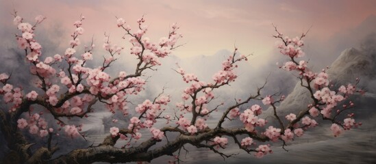 An artistic representation of a flowering tree with delicate pink blossoms set in a picturesque...
