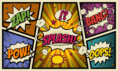 Comic cartoon colorful background with speech bubble set expression