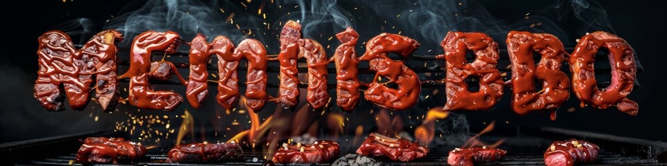 Sizzling Memphis BBQ text made of flaming hot barbecue meats on a grill, ideal for restaurant promotions and food blogs - obrazy, fototapety, plakaty