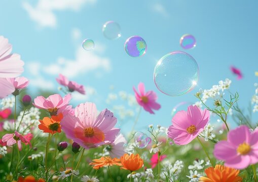 Serene image of wildflowers and bubbles against a clear sky evoking the peaceful, natural beauty of springtime