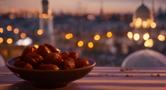 3d view of dates in a bowl, mosque background