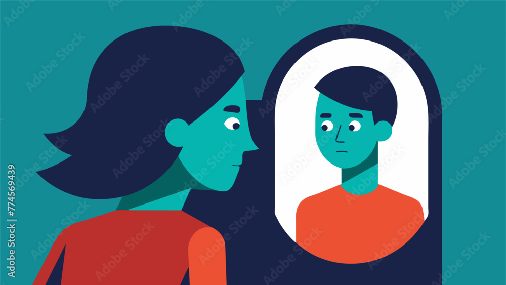 Poster a person looking at their reflection in a mirror with emotions written in bold letters across their 