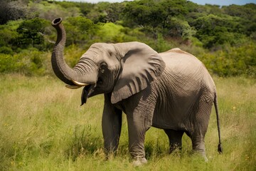 African elephant raises its trunk in majestic display