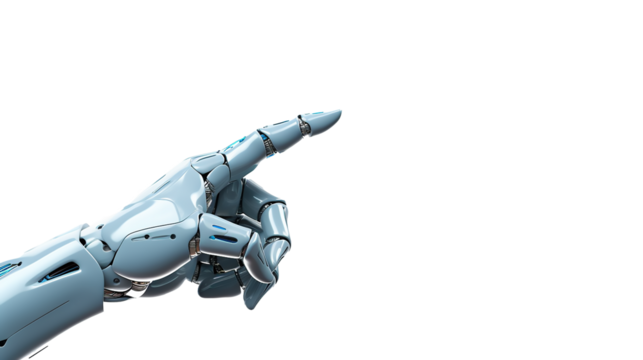 Robot hand is pointing his finger, isolated on transparent background, Concept of AI technology, digital communication, science research.