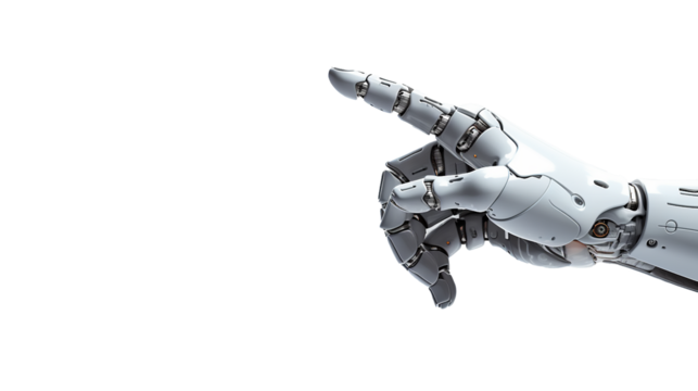 Robot hand is pointing his finger, isolated on transparent background, Concept of AI technology, digital communication, science research.