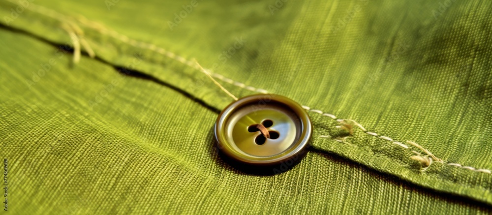Poster a close-up view of a simple button attached to a green shirt, with a white string visible, ideal for