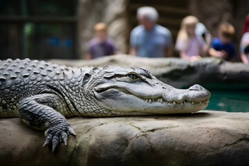 Fototapeta premium Alligator rests peacefully in zoo enclosure, observed by visitors