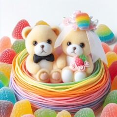 a couple wedding teddy bear in nest made of pastel color rainbow gummy candy on a white background