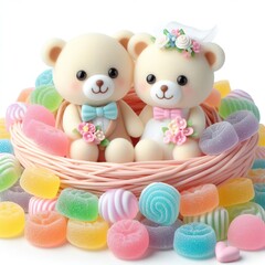 a couple wedding teddy bear in nest made of pastel color rainbow gummy candy on a white background