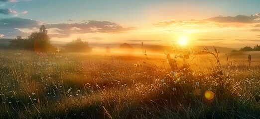 Beautiful Natural countryside panorama. Wild high grass blooms in sunset warmth. Pastoral beauty. Foreground selectively focused. Made with generative AI technology.