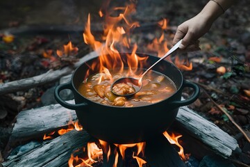 Autumn stew cooks in cauldron over wood fire, gourmet culinary scene