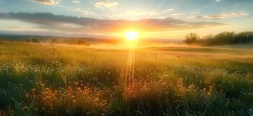 Beautiful Natural countryside panorama. Wild high grass blooms in sunset warmth. Pastoral beauty. Foreground selectively focused. Made with generative AI technology. - obrazy, fototapety, plakaty