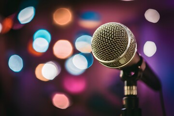 Bokeh blurred background with microphone, music ambiance