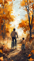 Father and child biking in Autumn forest. 