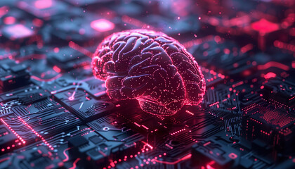 Illustration of a neon-lit brain overlaying a detailed circuit board.  - obrazy, fototapety, plakaty
