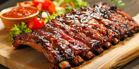 smoky barbeque ribs with barbeque sauce and chopped vegetables on a wooden table.
