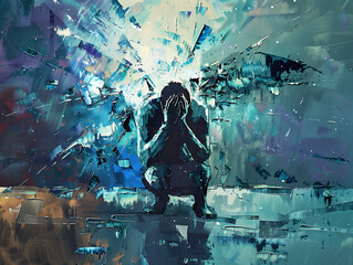 Obraz premium A lone man, huddled with their head in their hands, sitting against a backdrop of chaotic, fragmented shapes palette representing the inner turmoil and breakdown associated with depression.