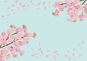 水彩風 満開の桜と花びら フレーム Watercolor Spring Series:Cherry Blossoms in Full Bloom And Petals Gently Falling