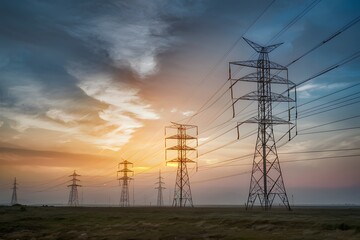Fototapeta premium Capture High voltage post and pylons against sunset, energy concept