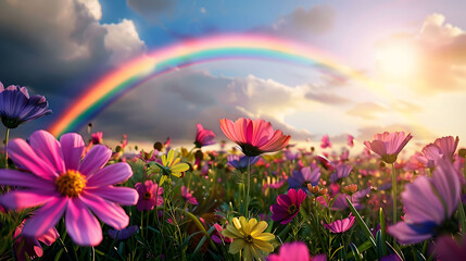 A vibrant rainbow arching over a field of blooming flowers after a light spring rain, a promise of hope and renewal for Easter. - obrazy, fototapety, plakaty