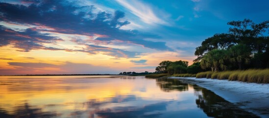 The serene lake reflects the warm colors of the setting sun in the horizon