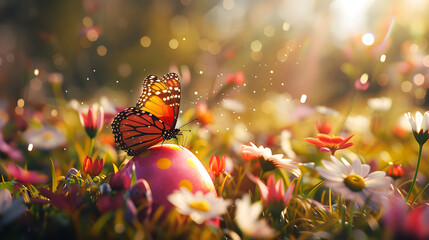 A vibrant scene of a butterfly landing on a bright Easter egg hidden among spring flowers, capturing the essence of rebirth.