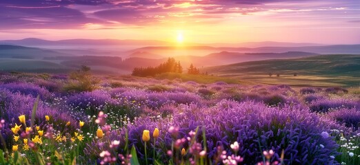 Beautiful panoramic landscape - Bright sunset over purple wild grass and flowers, with selective focus on the foreground. Made with generative AI technology.