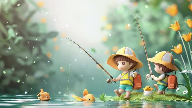 Children fishing banner background concept for children's day 4K video