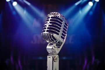 Fototapeta na wymiar Chrome microphone on stage, symbol of broadcasting and performance
