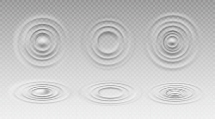 Ripple water ring waves, circular splashes set. Realistic 3d vector concentric circles top and angle view. Round swirl texture on liquid drink or puddle surface from falling drop. Sound wave effect - 774570842