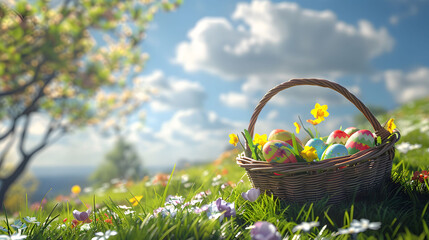 Fototapeta na wymiar An Easter basket filled with eggs, chocolates, and flowers, set on a grassy knoll under a sunny spring sky.