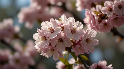 Capturing the essence of fleeting beauty, a cluster of cherry blossoms in full bloom dances in the spring breeze. Delicate pink petals hover gracefully, creating a scene of ethereal loveliness.