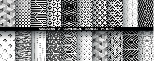 Geometric set of seamless black and white patterns. Simple vector graphics. - 774571081