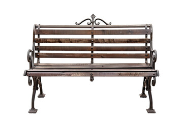 An empty slatted wood and iron public park bench isolated on Transparent - obrazy, fototapety, plakaty